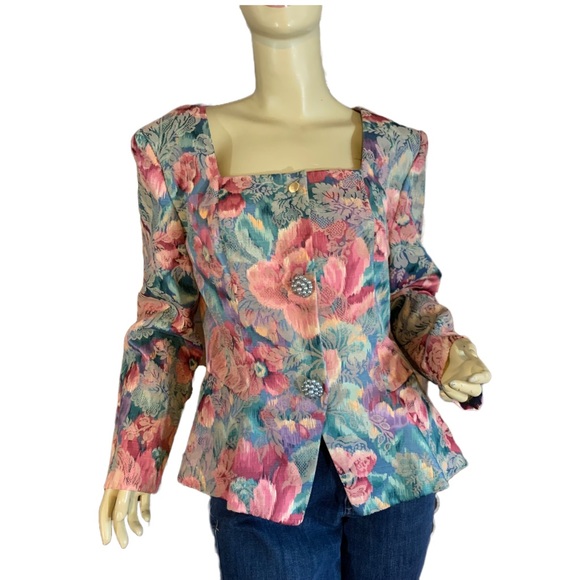 VINTAGE 1990'S NAH NAH COLLECTION FLORAL PRINT BROCADE BLAZER (14) - Picture 3 of 14